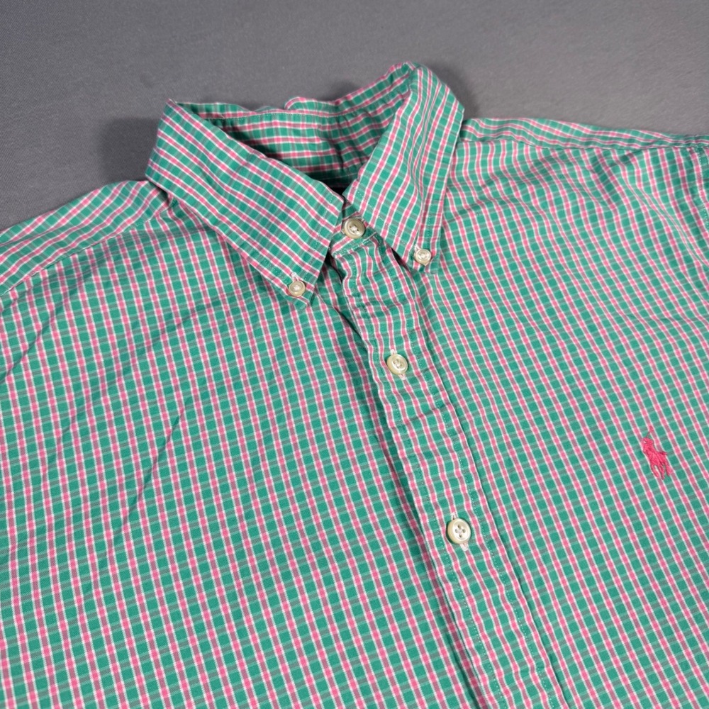 Ralph Lauren Classic Fit Mens 16 34/35 Green Pink Plaid Button Down Shirt Cotton